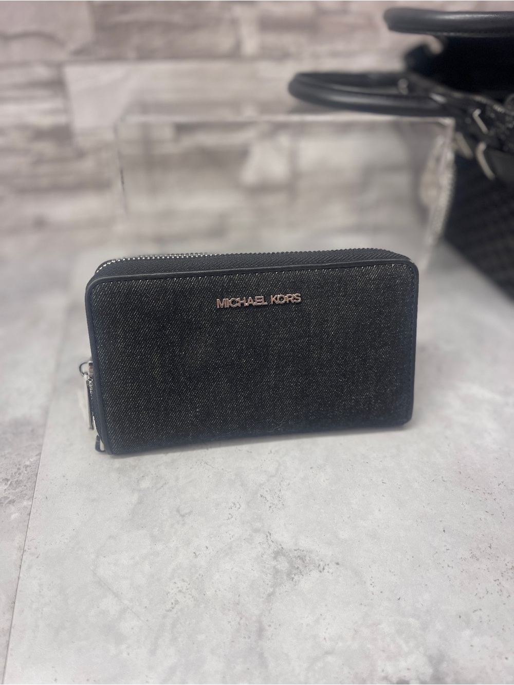 Michael Kors Hamilton Small Black Denim Logo Satchel & Matching Wallet - Picture 8 of 15